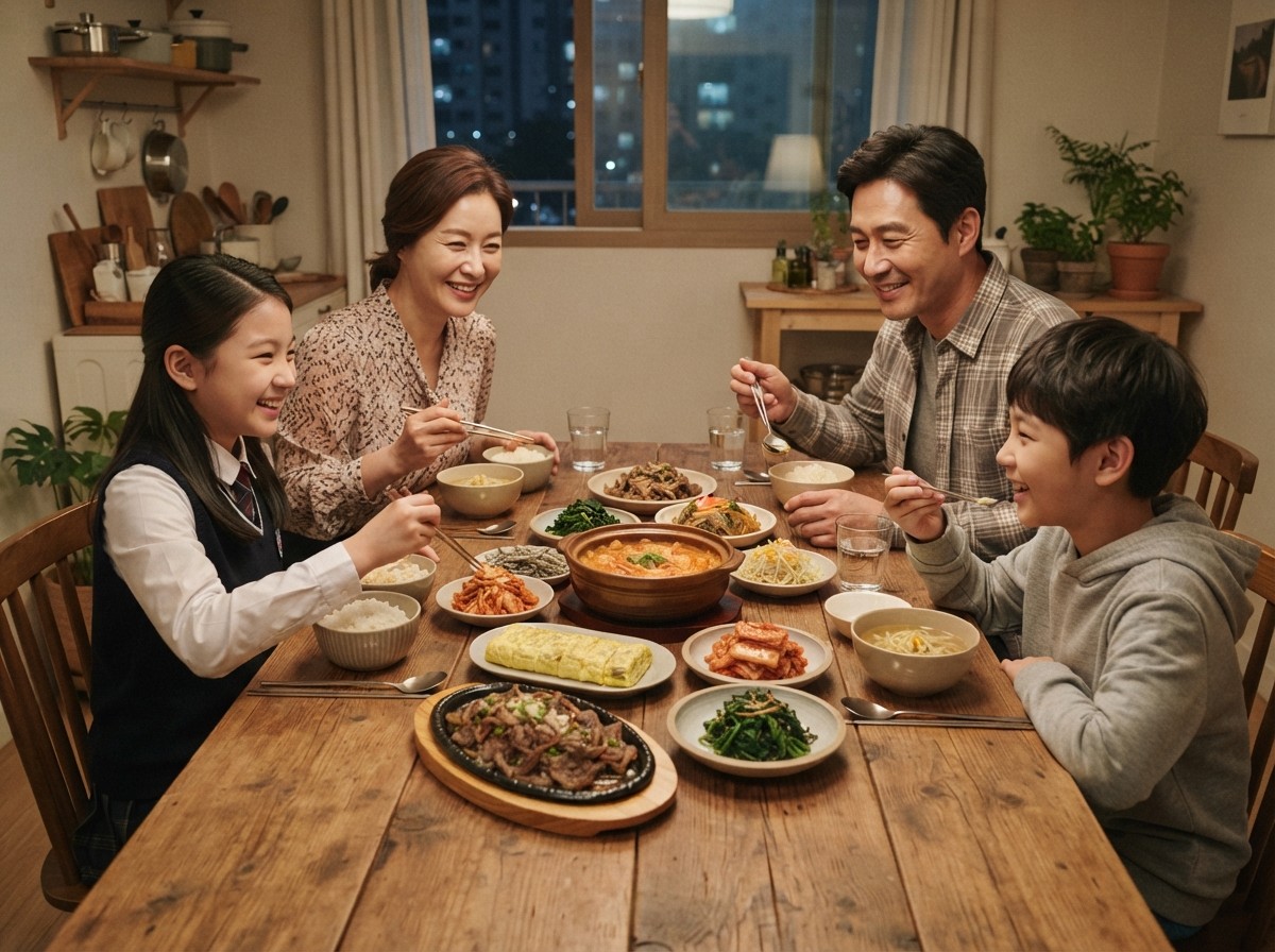 여러 가지 집밥 요리가 차려진 가족 식탁