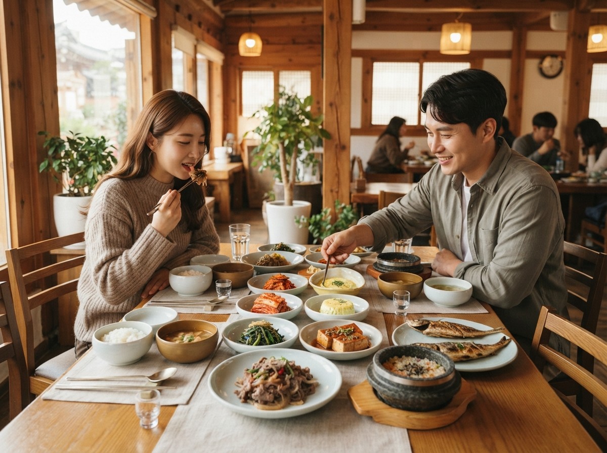 다양한 요리가 코스 형태로 준비되어 있는 테이블의 모습을 보여주는 장면