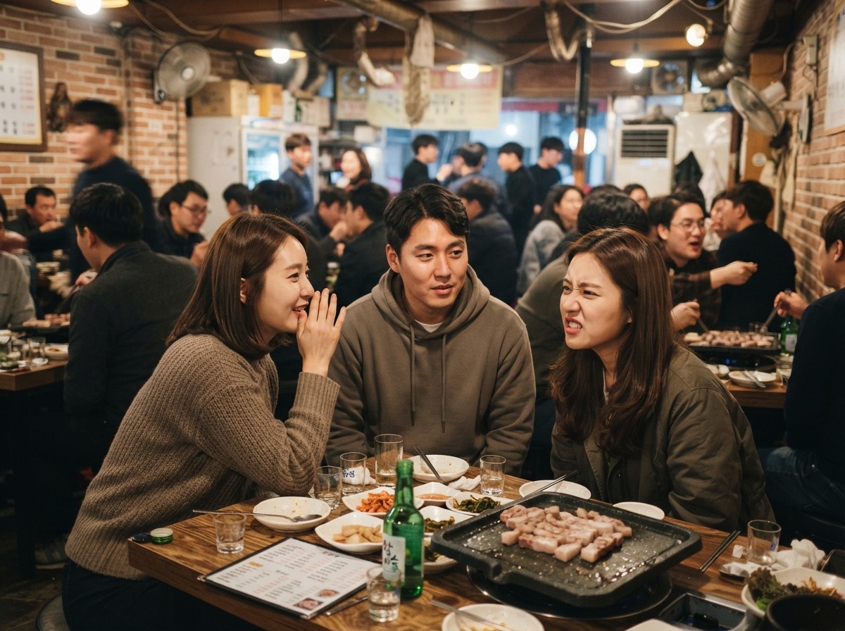 식당 내부의 소음 환경과 대화 분위기를 가늠하는 모습을 보여주는 장면