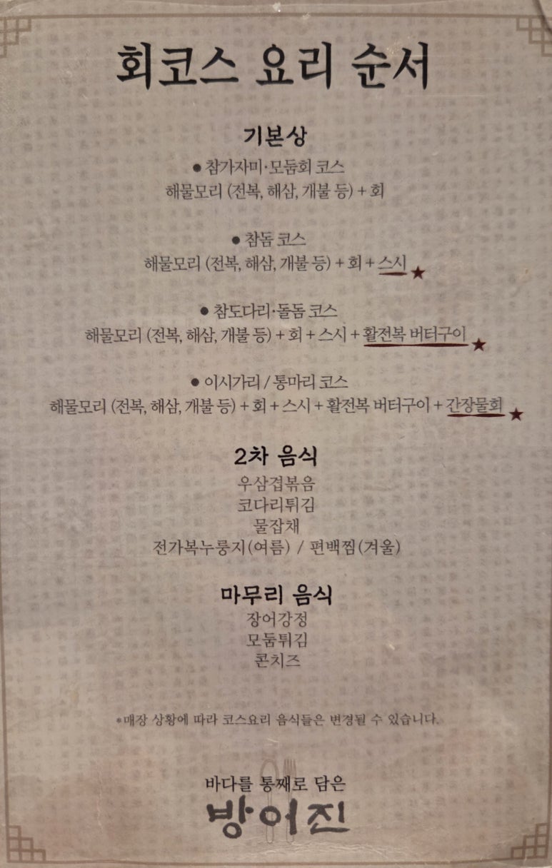 회코스 요리 순서가 적힌 메뉴판