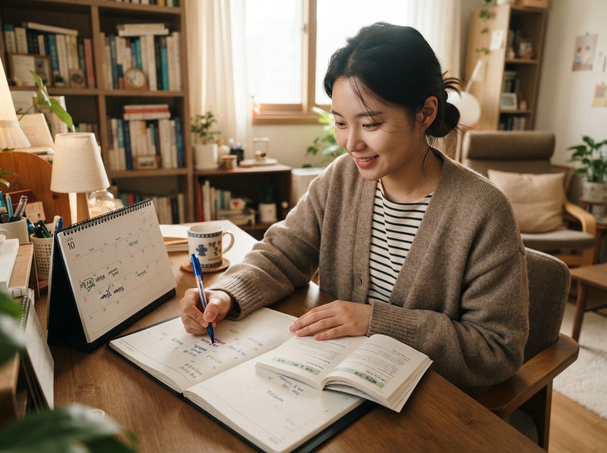 예약 일정을 달력에 표시하며 규정을 확인하는 모습을 보여주는 장면