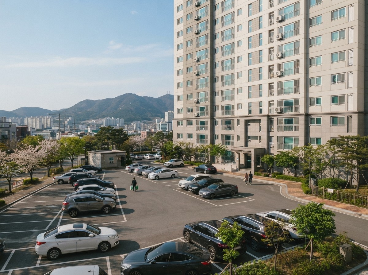 주차 공간과 건물 외관을 멀리서 바라보는 모습을 보여주는 장면