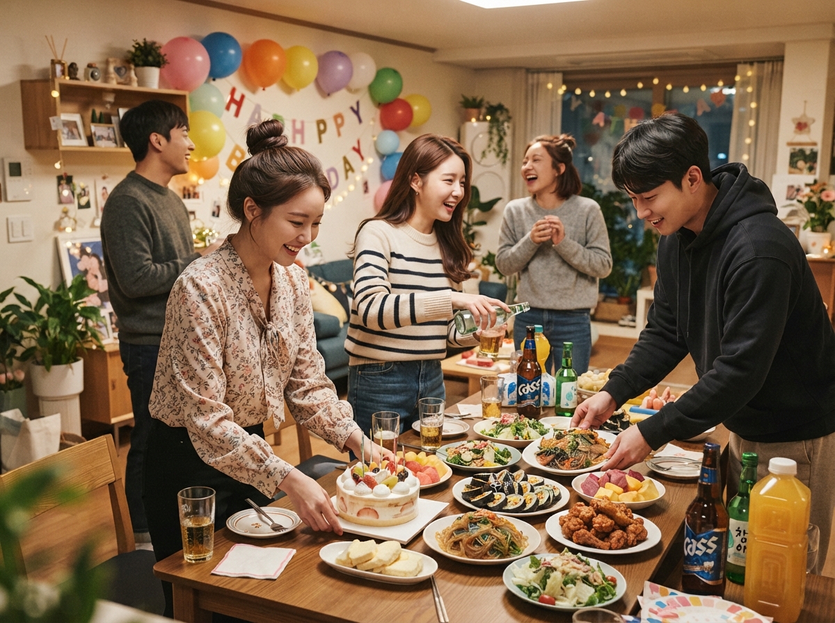 음식과 음료를 자유롭게 준비하는 생일 파티 장소 모습