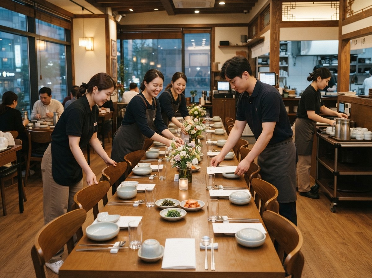 모임 성격에 맞는 단체 식사 공간을 준비하는 모습