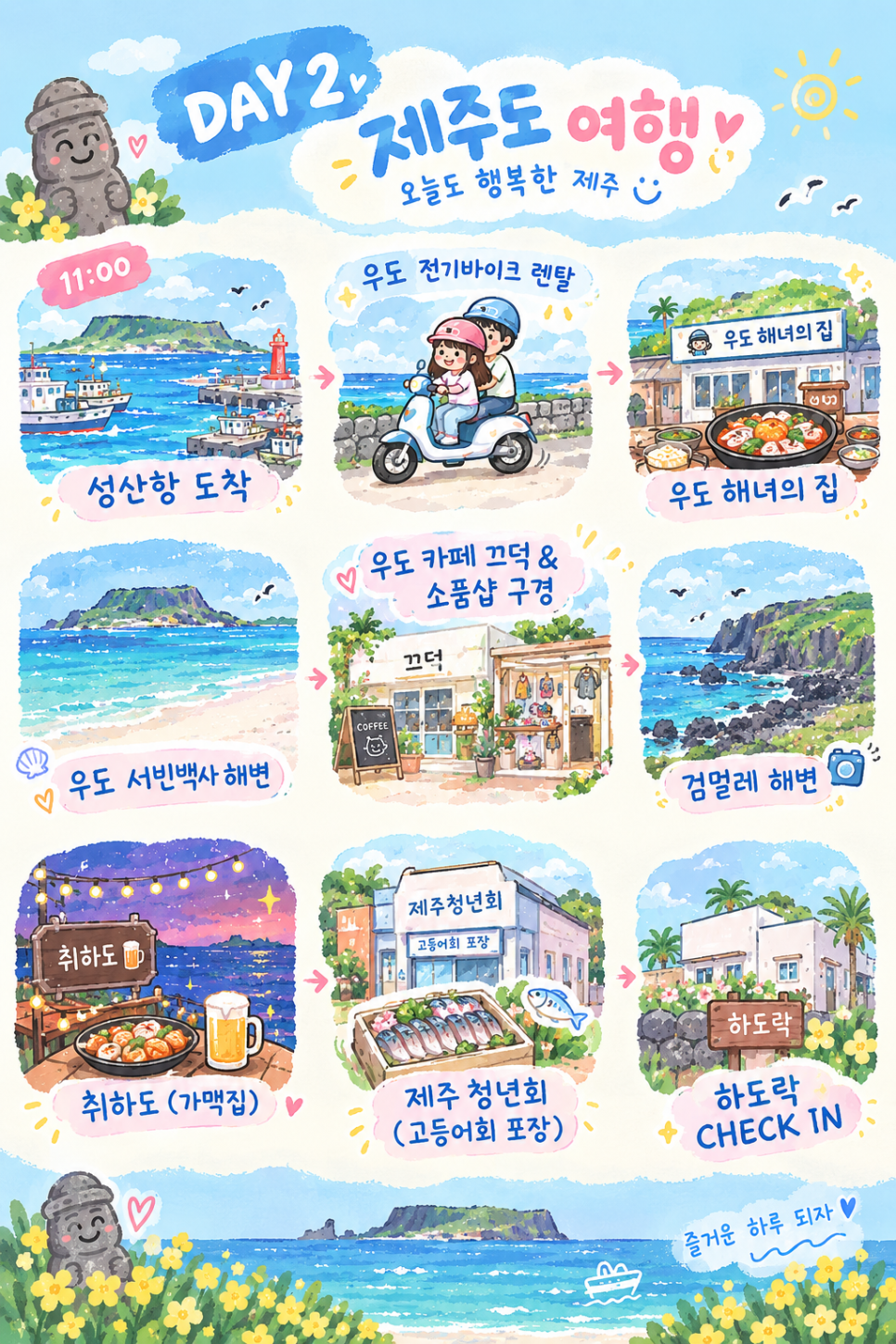 제주도 여행 2일 차 일정 안내 일러스트